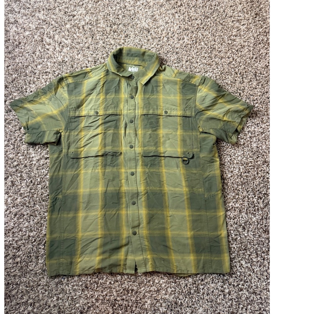 REI Co-op Mens Sahara Short Sleeve Plaid Hiking Shirt Green Yellow Medium